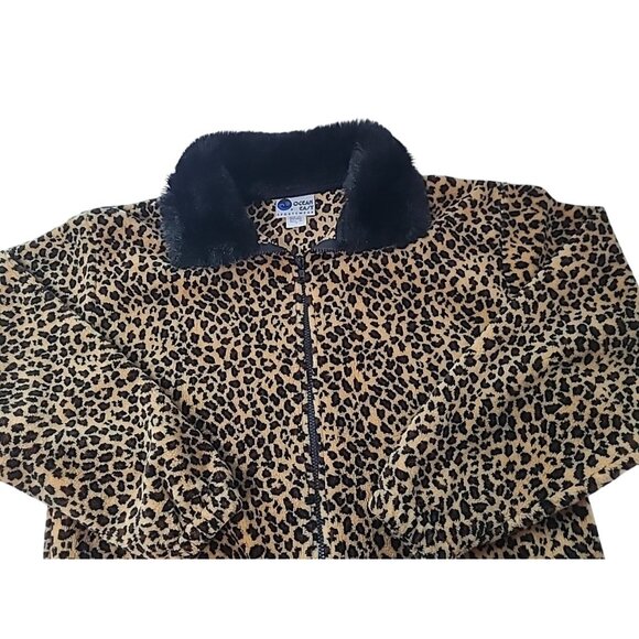 Vtg Ocean East Fleece Jacket Women’s M Leopard Print Faux Fur Collar Zip Up - Picture 1 of 15